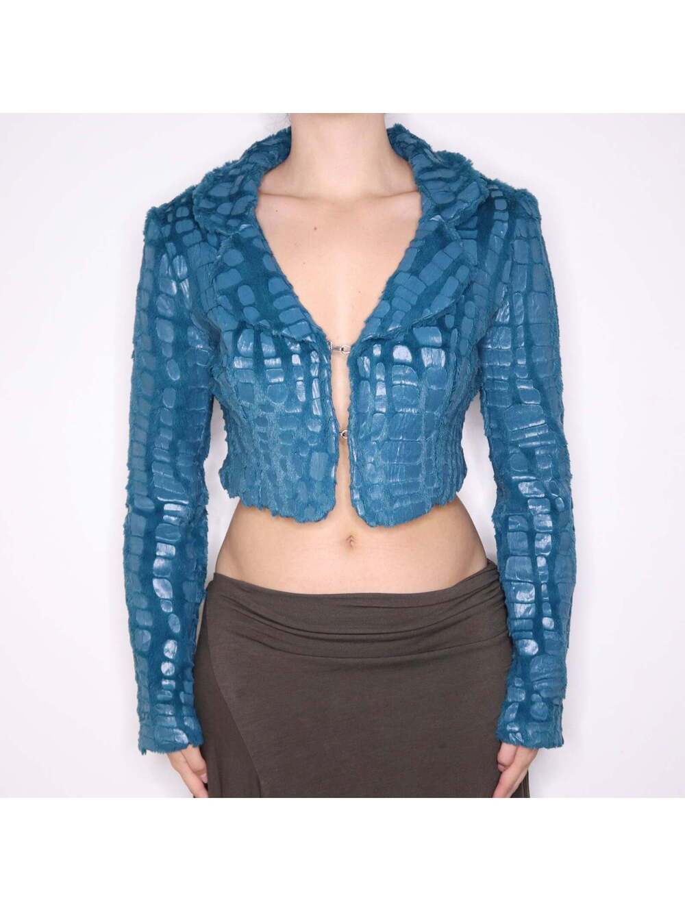 Y2K Italian Teal Cropped Faux Fur Jacket (M)